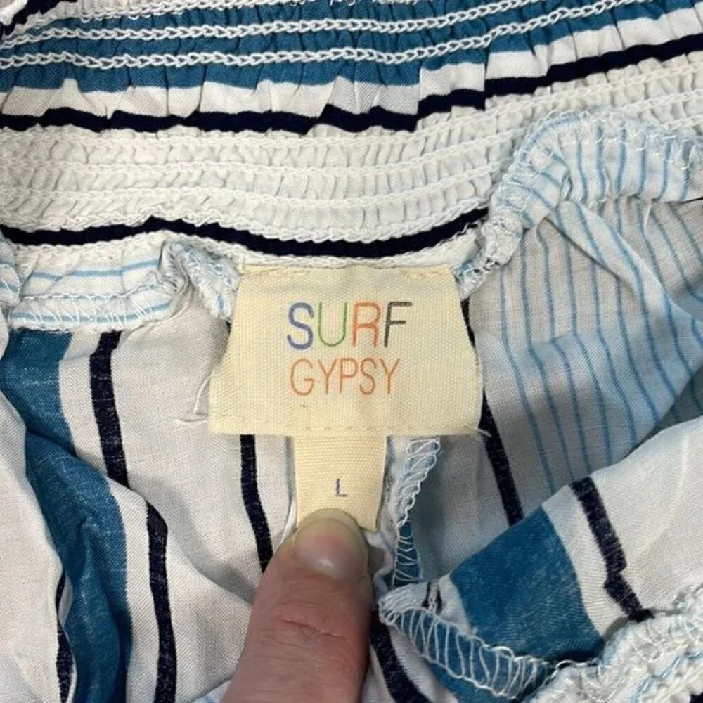 NWT Surf Gypsy Printed Side Lace Up Swim Cover Up Shorts Stripe Beach Blue Sz L
